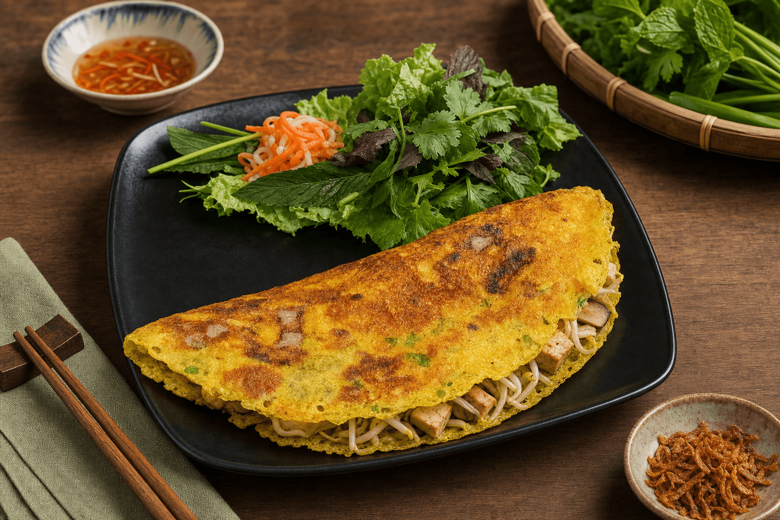 Bánh Xèo Chay, a golden vegetarian rice crêpe with fresh greens