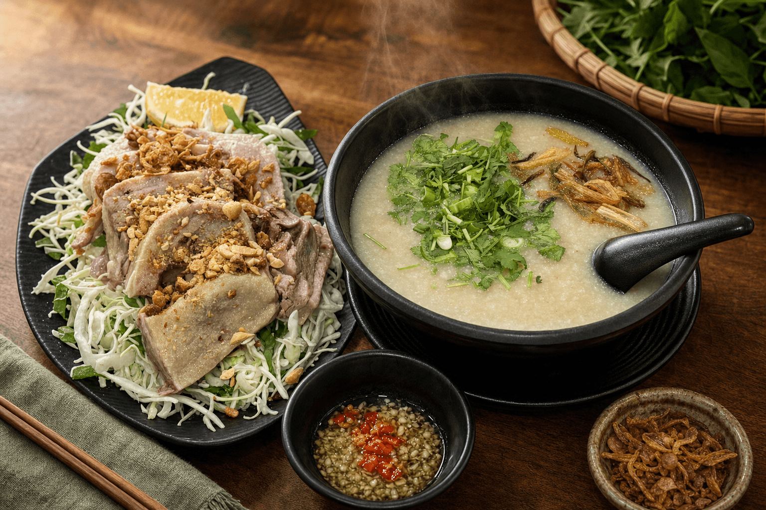 Cháo Gỏi Vịt, rice porridge served with duck salad and ginger fish sauce