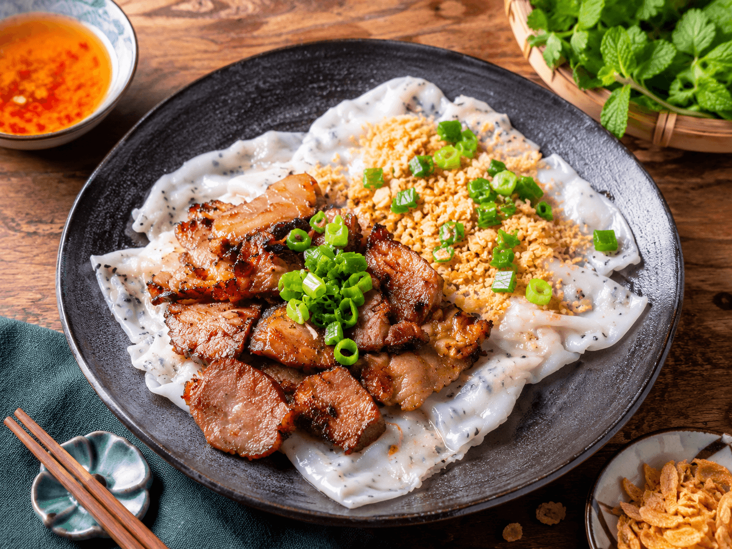 A spread of dishes from Hong Mai's kitchen, hand-prepared each morning