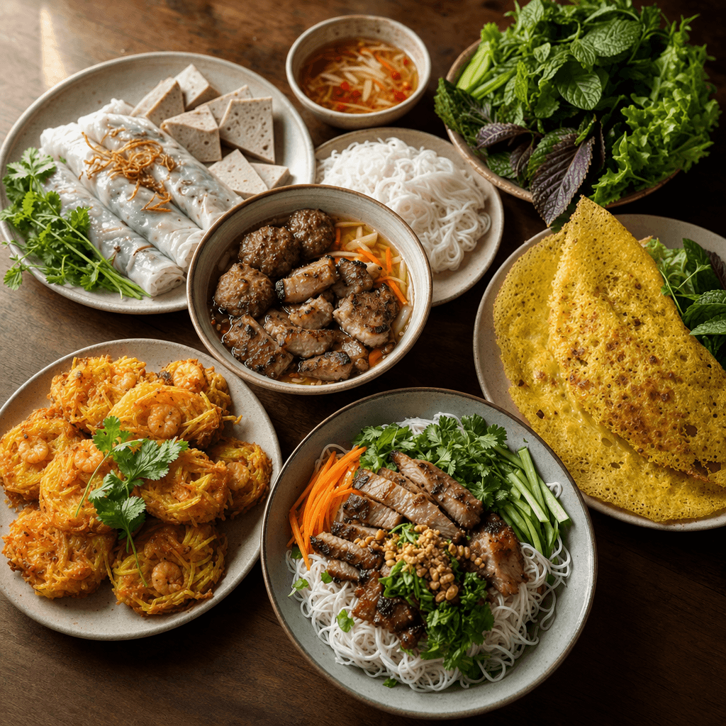 A family-style spread of Hong Mai's five summer-sale dishes — Bánh Cuốn, Bún Chả Hà Nội, Bánh Xèo, Phần Tôm Khoai, and Bún Thịt Nướng